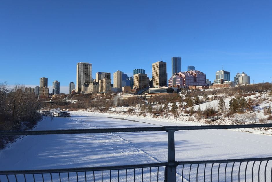Edmonton skyline winter snow-covered river Alberta Canada - personal loans Alberta