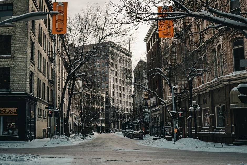 Winnipeg snowy street historic architecture Manitoba