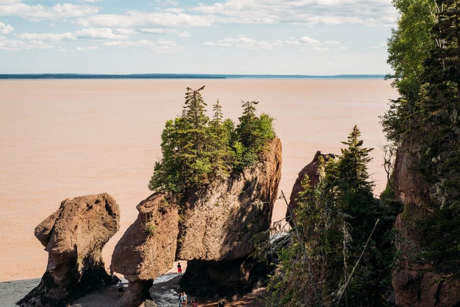 Stunning view of Hopewell Rocks at the Bay of Fundy, showcasing majestic rock formations and vibrant green trees under a clear sky. - personal loan Canada