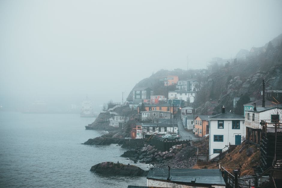 Foggy coastal homes in The Battery, St. John