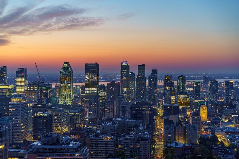 Montreal skyline sunset aerial Quebec Canada
